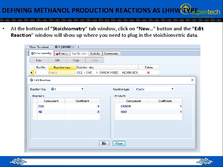 DEFINING METHANOL PRODUCTION REACTIONS AS LHHW TYPE • At the bottom of “Stoichiometry” tab