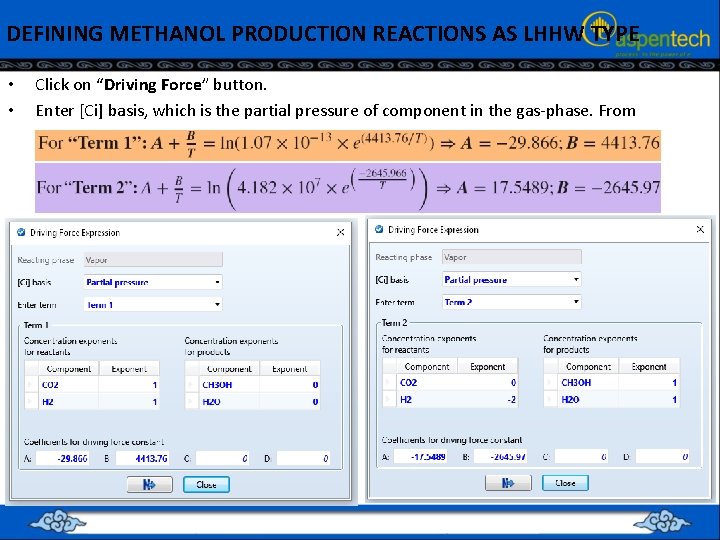 DEFINING METHANOL PRODUCTION REACTIONS AS LHHW TYPE • • Click on “Driving Force” button.