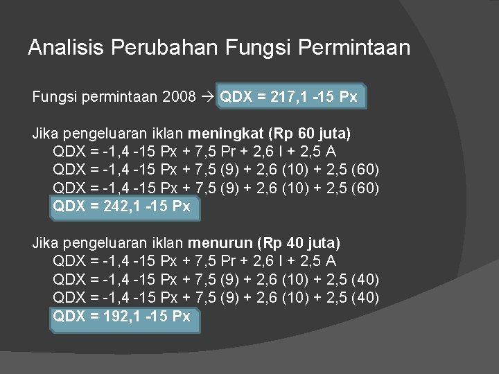 Analisis Perubahan Fungsi Permintaan Fungsi permintaan 2008 QDX = 217, 1 -15 Px Jika