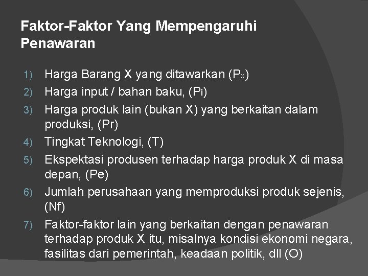 Faktor-Faktor Yang Mempengaruhi Penawaran 1) 2) 3) 4) 5) 6) 7) Harga Barang X