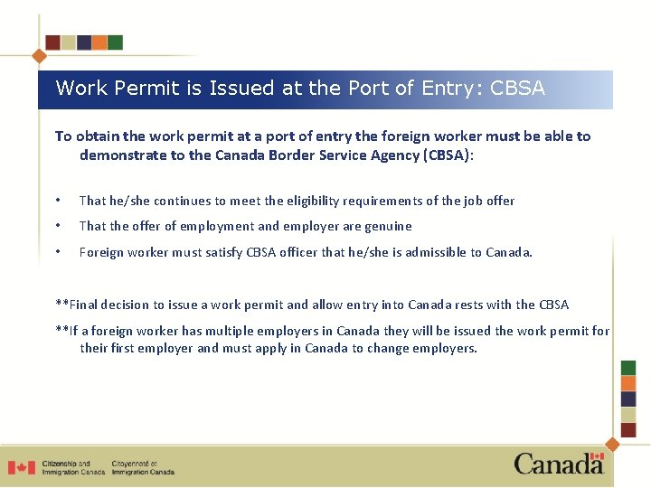 Work Permit is Issued at the Port of Entry: CBSA To obtain the work