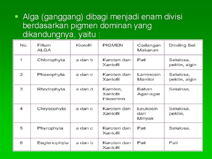 § Alga (gang) dibagi menjadi enam divisi berdasarkan pigmen dominan yang dikandungnya, yaitu :