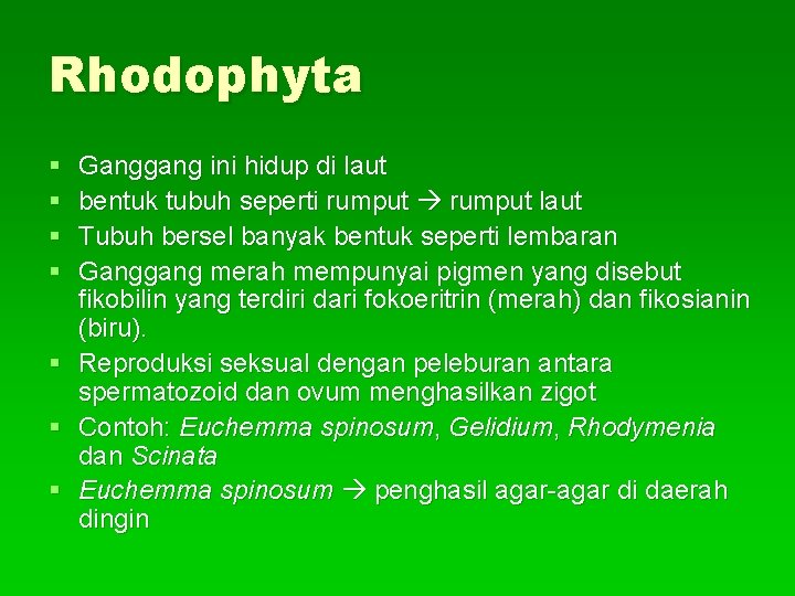Rhodophyta § § Ganggang ini hidup di laut bentuk tubuh seperti rumput laut Tubuh