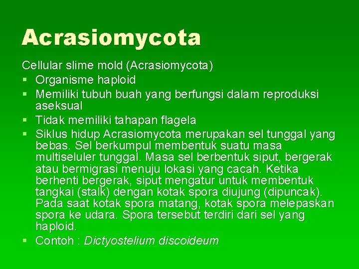 Acrasiomycota Cellular slime mold (Acrasiomycota) § Organisme haploid § Memiliki tubuh buah yang berfungsi