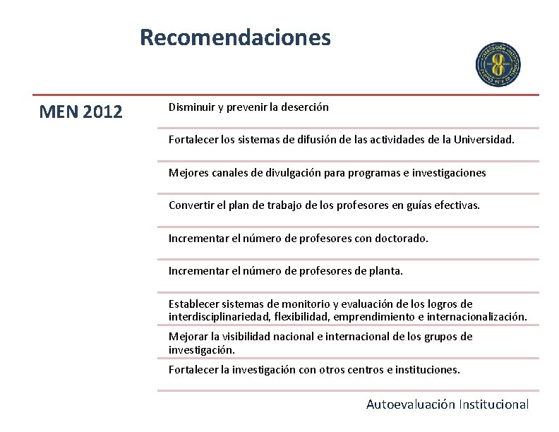 Recomendaciones MEN 2012 Disminuir y prevenir la deserción Fortalecer los sistemas de difusión de