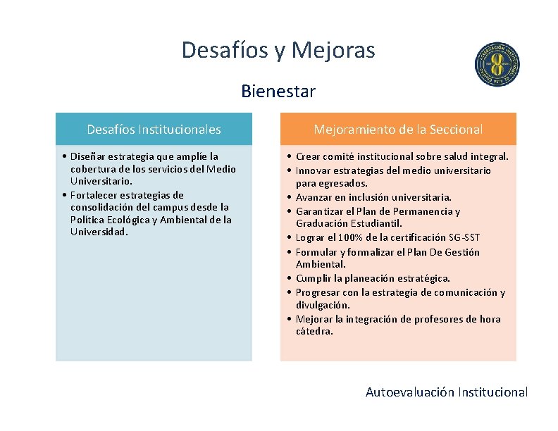 Desafíos y Mejoras Bienestar Desafíos Institucionales • Diseñar estrategia que amplíe la cobertura de