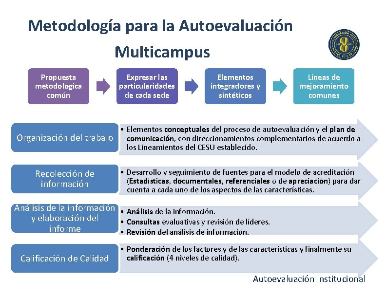 Metodología para la Autoevaluación Multicampus Propuesta metodológica común Expresar las particularidades de cada sede