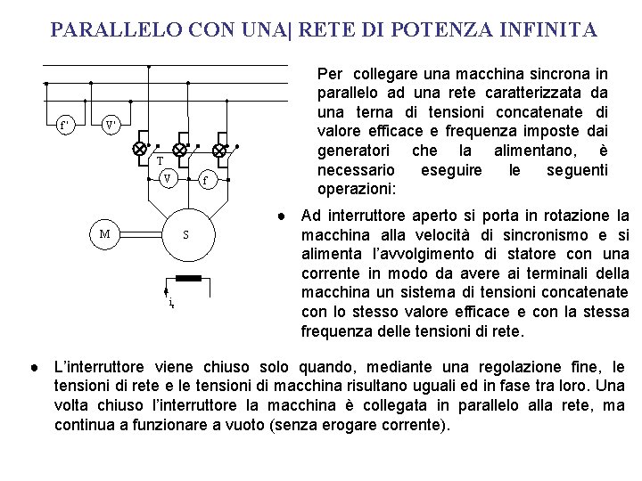 PARALLELO CON UNA| RETE DI POTENZA INFINITA f' V' T V M f S PARALLELO CON UNA| RETE DI POTENZA INFINITA f' V' T V M f S
