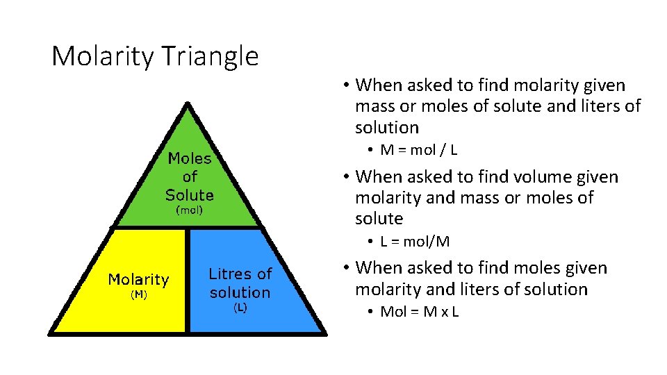 Molarity Triangle • When asked to find molarity given mass or moles of solute