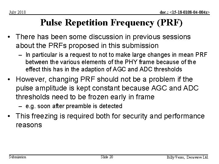 doc. : <15 -18 -0108 -04 -004 z> July 2018 Pulse Repetition Frequency (PRF)