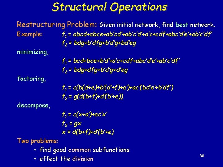Structural Operations Restructuring Problem: Given initial network, find best network. Example: minimizing, factoring, decompose,