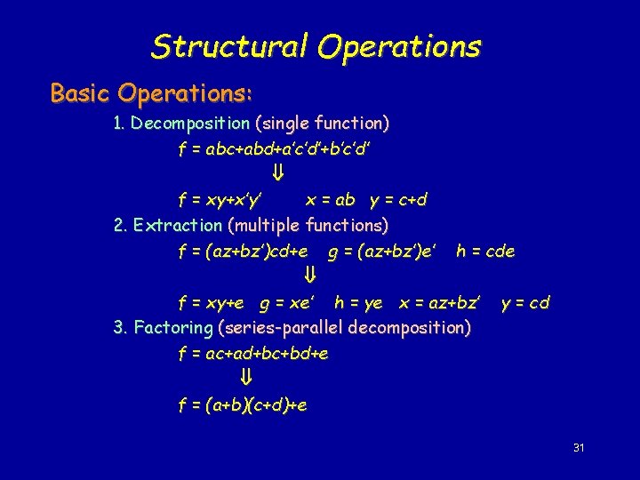 Structural Operations Basic Operations: 1. Decomposition (single function) f = abc+abd+a’c’d’+b’c’d’ f = xy+x’y’