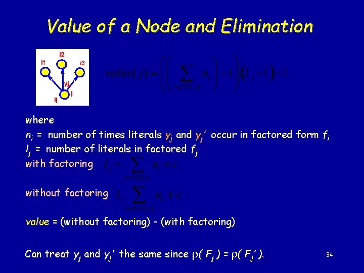 Value of a Node and Elimination where ni = number of times literals yj