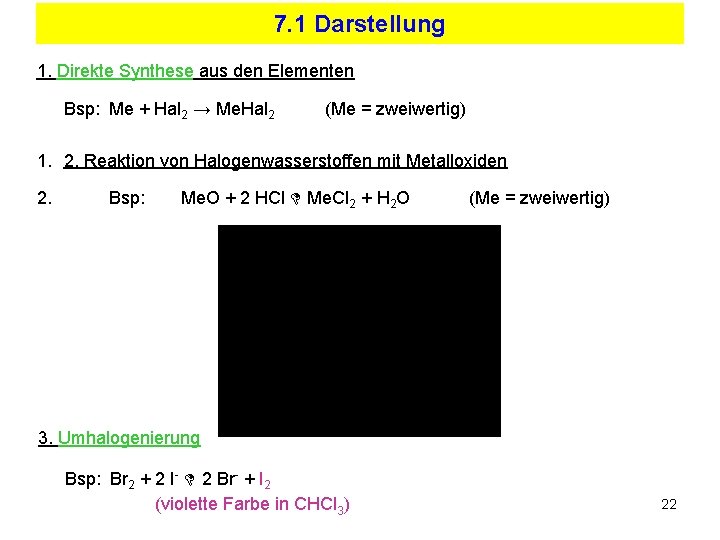 7. 1 Darstellung 1. Direkte Synthese aus den Elementen Bsp: Me + Hal 2