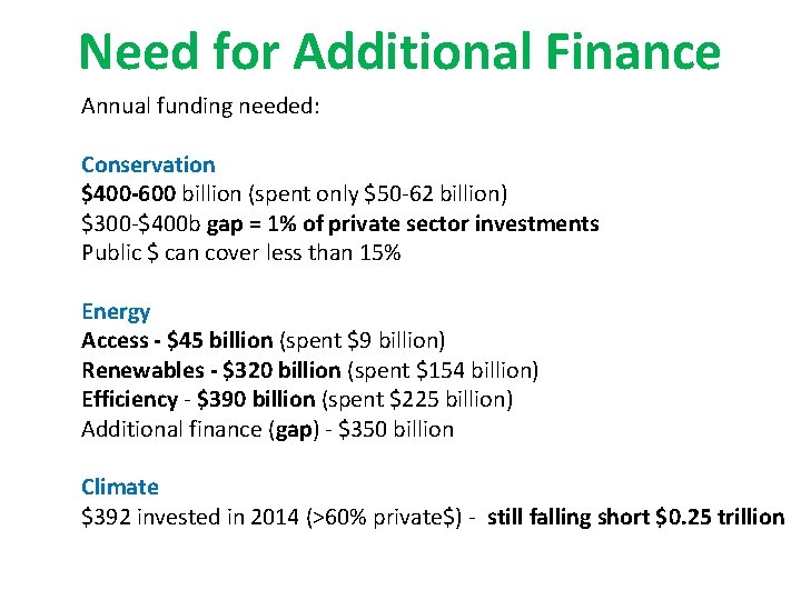 Need for Additional Finance Annual funding needed: Conservation $400 -600 billion (spent only $50