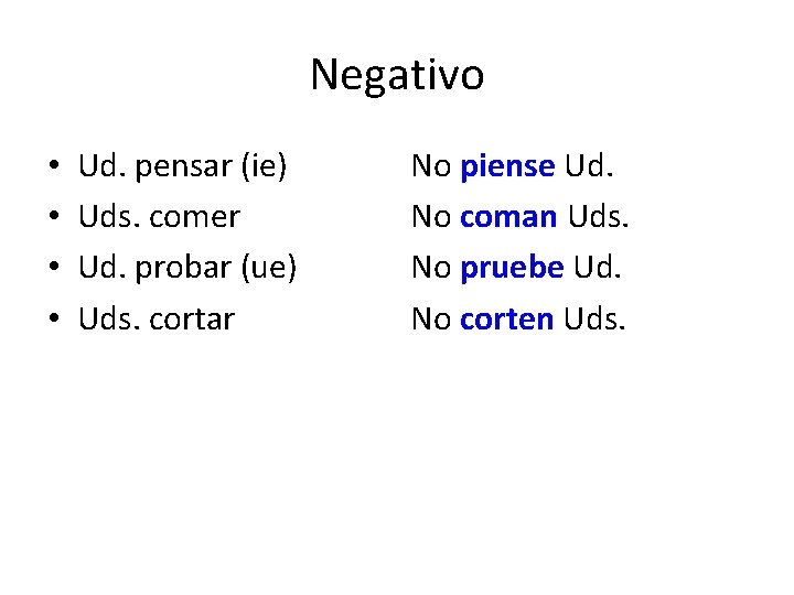 Negativo • • Ud. pensar (ie) Uds. comer Ud. probar (ue) Uds. cortar No Negativo • • Ud. pensar (ie) Uds. comer Ud. probar (ue) Uds. cortar No