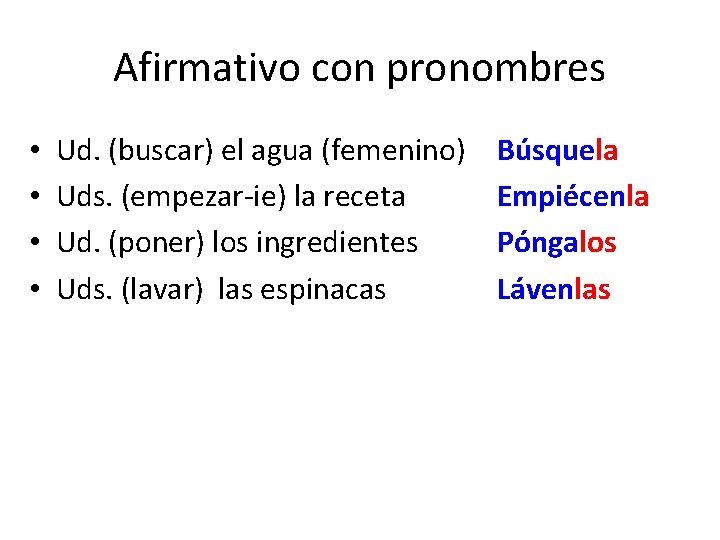 Afirmativo con pronombres • • Ud. (buscar) el agua (femenino) Uds. (empezar-ie) la receta Afirmativo con pronombres • • Ud. (buscar) el agua (femenino) Uds. (empezar-ie) la receta