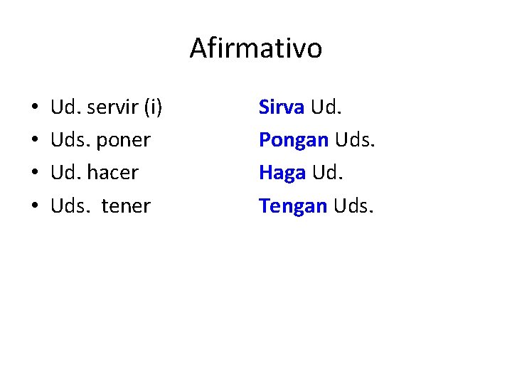 Afirmativo • • Ud. servir (i) Uds. poner Ud. hacer Uds. tener Sirva Ud. Afirmativo • • Ud. servir (i) Uds. poner Ud. hacer Uds. tener Sirva Ud.