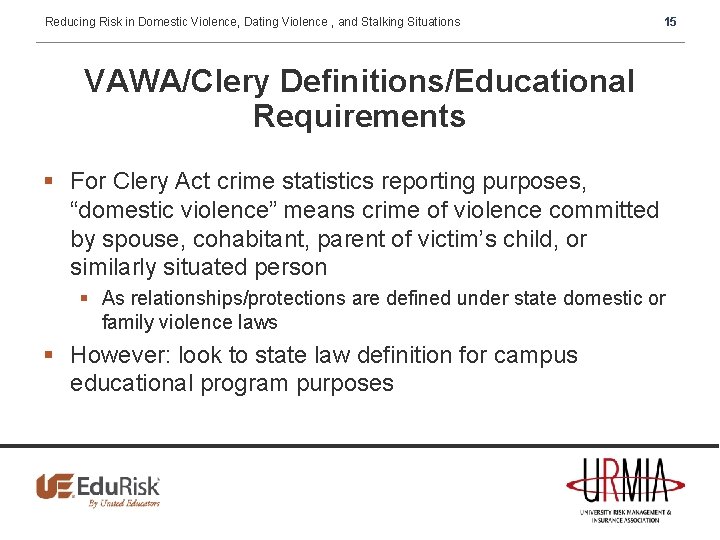 Reducing Risk in Domestic Violence, Dating Violence , and Stalking Situations 15 VAWA/Clery Definitions/Educational