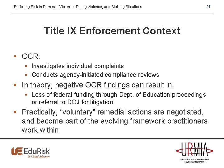 Reducing Risk in Domestic Violence, Dating Violence, and Stalking Situations 21 Title IX Enforcement