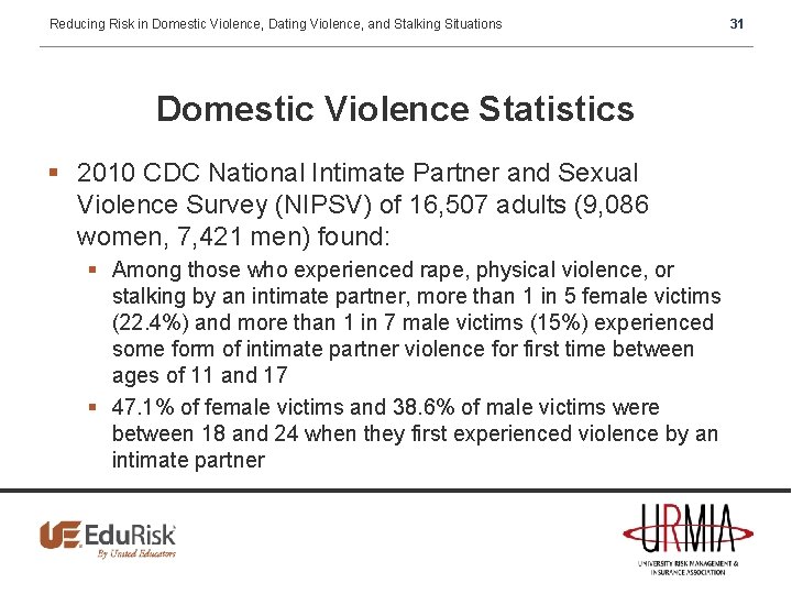 Reducing Risk in Domestic Violence, Dating Violence, and Stalking Situations Domestic Violence Statistics §