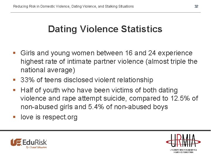 Reducing Risk in Domestic Violence, Dating Violence, and Stalking Situations 32 Dating Violence Statistics