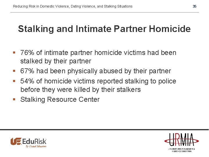 Reducing Risk in Domestic Violence, Dating Violence, and Stalking Situations Stalking and Intimate Partner