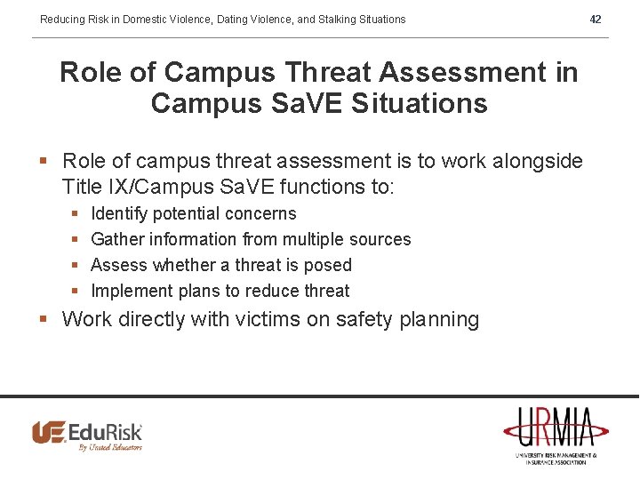 Reducing Risk in Domestic Violence, Dating Violence, and Stalking Situations Role of Campus Threat