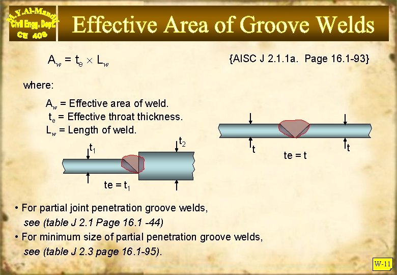 A w = t e Lw {AISC J 2. 1. 1 a. Page 16.