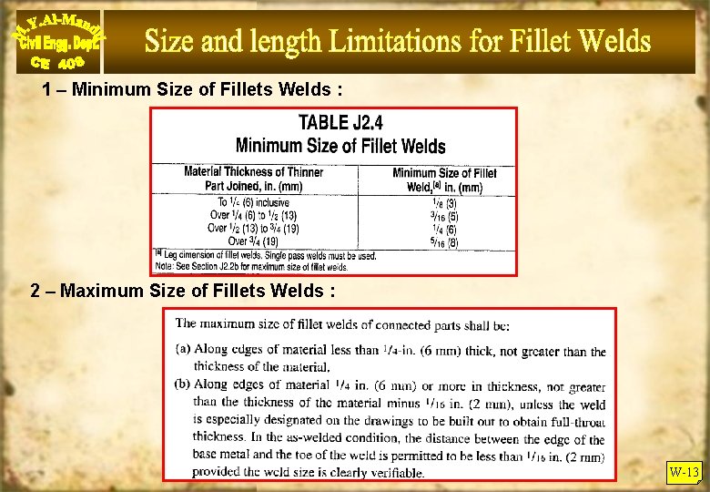 1 – Minimum Size of Fillets Welds : 2 – Maximum Size of Fillets