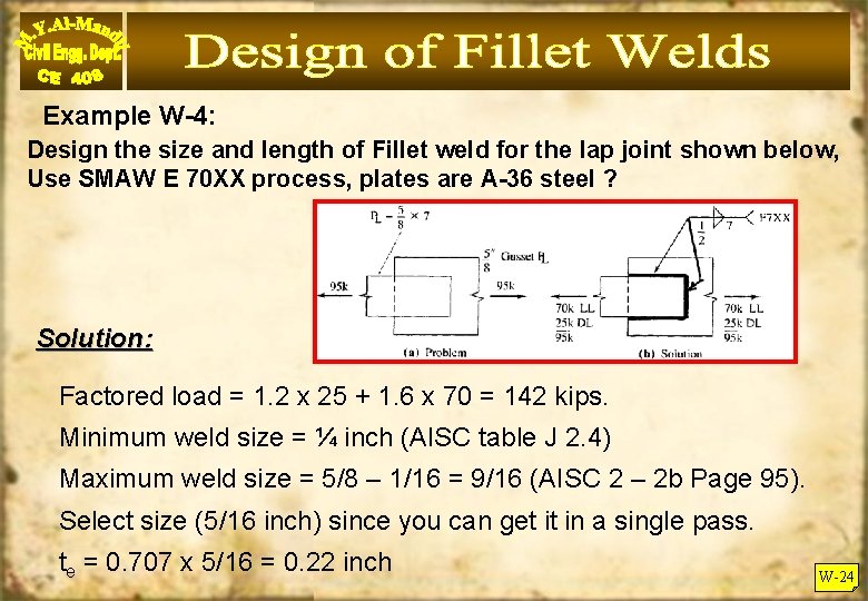 Example W-4: Design the size and length of Fillet weld for the lap joint