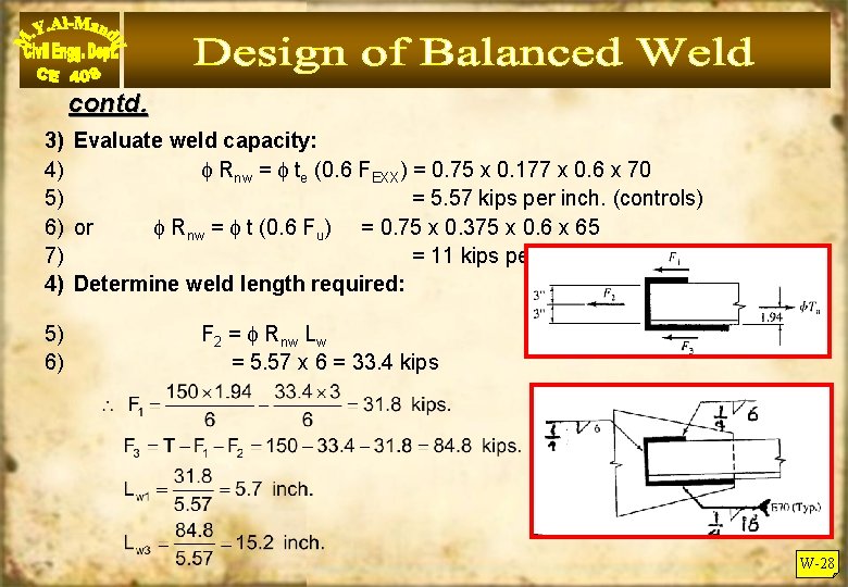 contd. 3) Evaluate weld capacity: 4) Rnw = te (0. 6 FEXX) = 0.