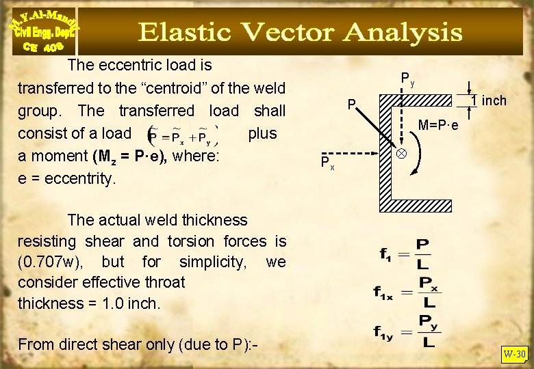 The eccentric load is transferred to the “centroid” of the weld group. The transferred