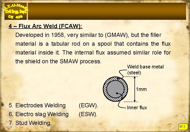 4 – Flux Arc Weld (FCAW): Developed in 1958, very similar to (GMAW), but