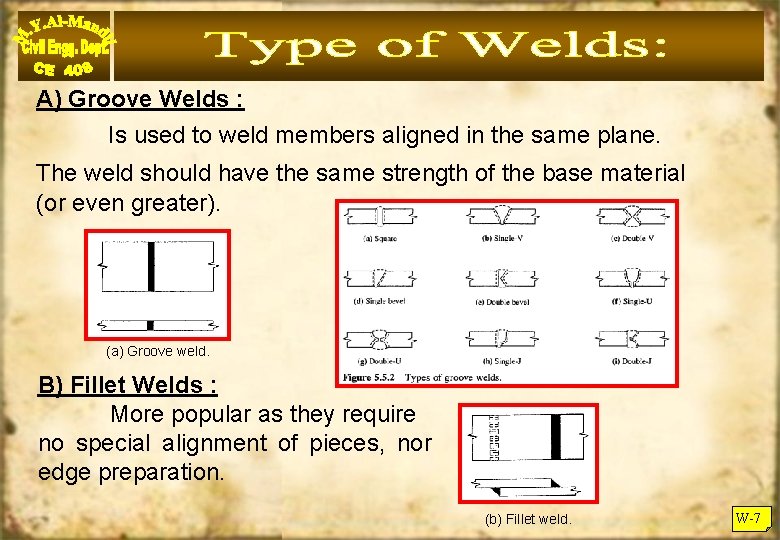A) Groove Welds : Is used to weld members aligned in the same plane.