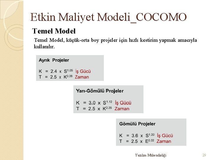Etkin Maliyet Modeli_COCOMO Temel Model, küçük-orta boy projeler için hızlı kestirim yapmak amacıyla kullanılır.