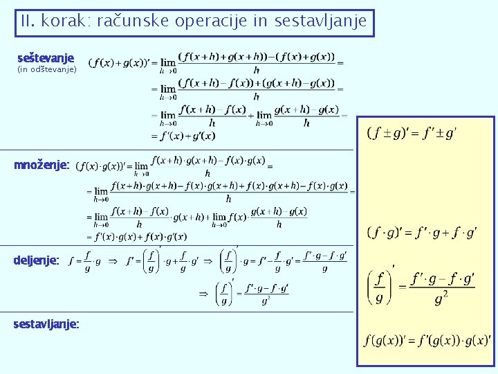 II. korak: računske operacije in sestavljanje seštevanje (in odštevanje) množenje: deljenje: sestavljanje: 