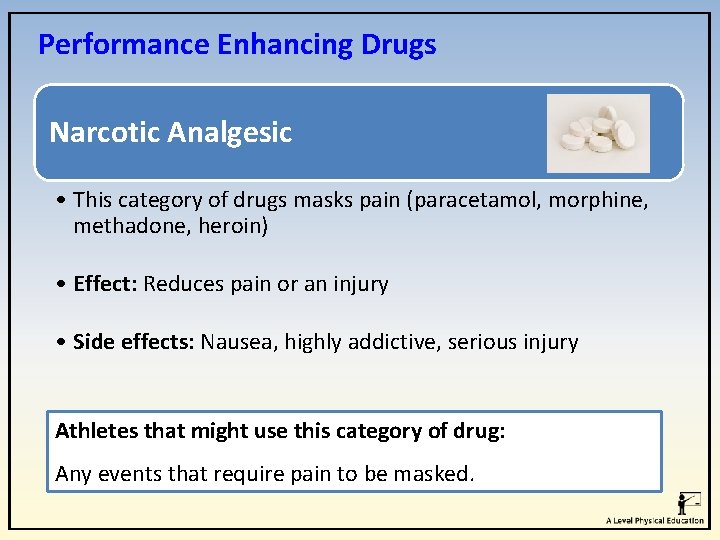 Performance Enhancing Drugs Narcotic Analgesic • This category of drugs masks pain (paracetamol, morphine,