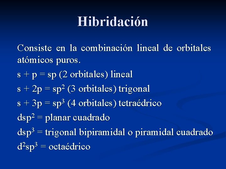 Hibridación Consiste en la combinación lineal de orbitales atómicos puros. s + p =