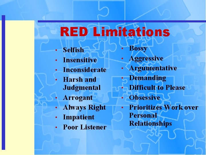 RED Limitations • • Selfish Insensitive Inconsiderate Harsh and Judgmental Arrogant Always Right Impatient