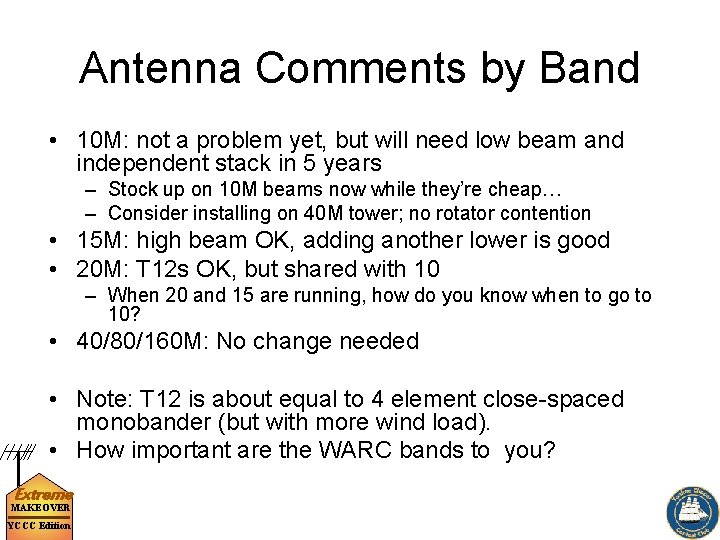 Antenna Comments by Band • 10 M: not a problem yet, but will need