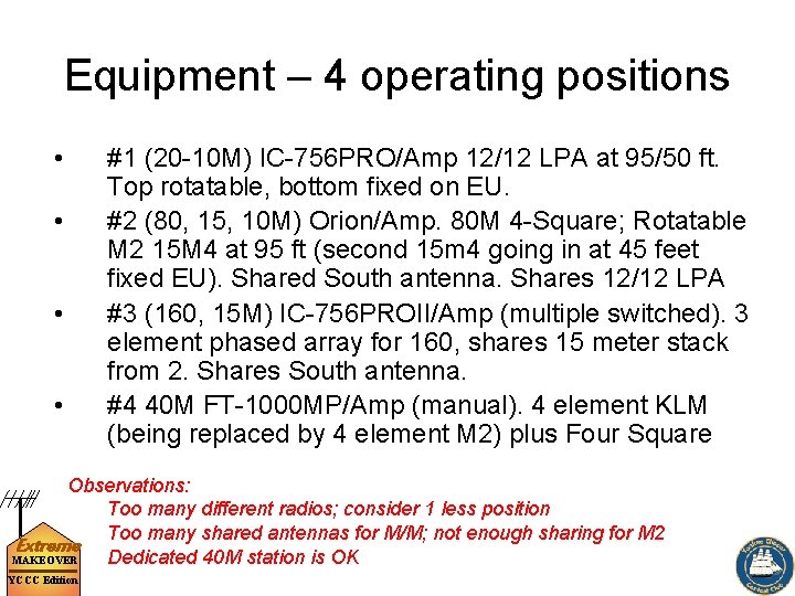 Equipment – 4 operating positions • • #1 (20 -10 M) IC-756 PRO/Amp 12/12