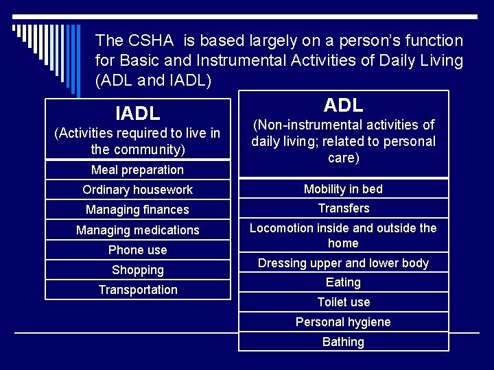 The CSHA is based largely on a person’s function for Basic and Instrumental Activities