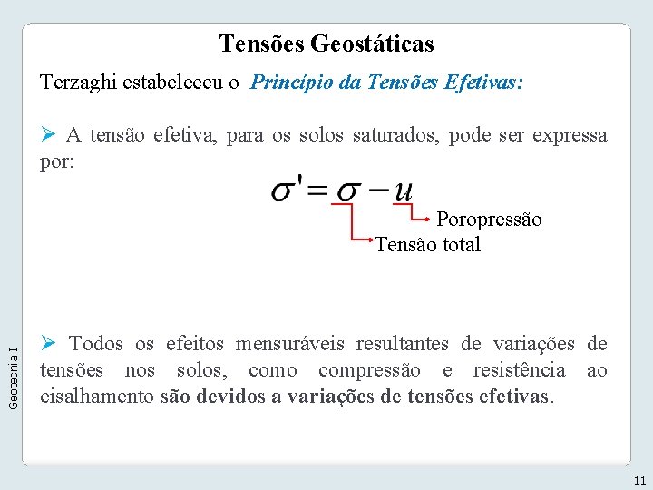 Tensões Geostáticas Terzaghi estabeleceu o Princípio da Tensões Efetivas: Ø A tensão efetiva, para