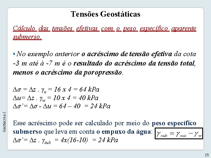 Tensões Geostáticas Cálculo das tensões efetivas com o peso específico aparente submerso. • No