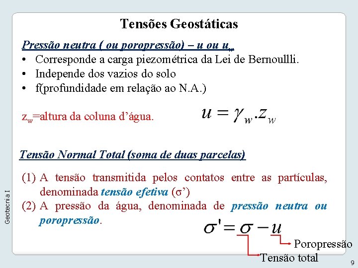 Tensões Geostáticas Pressão neutra ( ou poropressão) – u ou uw • Corresponde a
