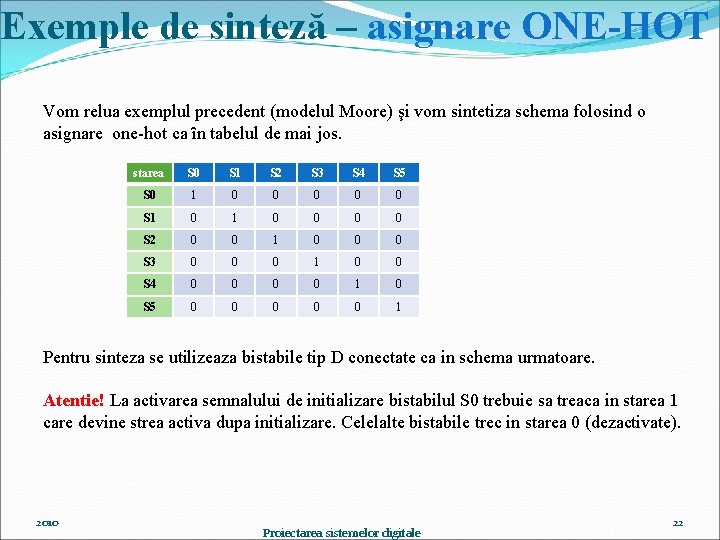 Exemple de sinteză – asignare ONE-HOT Vom relua exemplul precedent (modelul Moore) şi vom