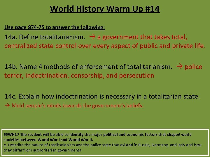 World History Warm Up #14 Use page 874 -75 to answer the following: 14