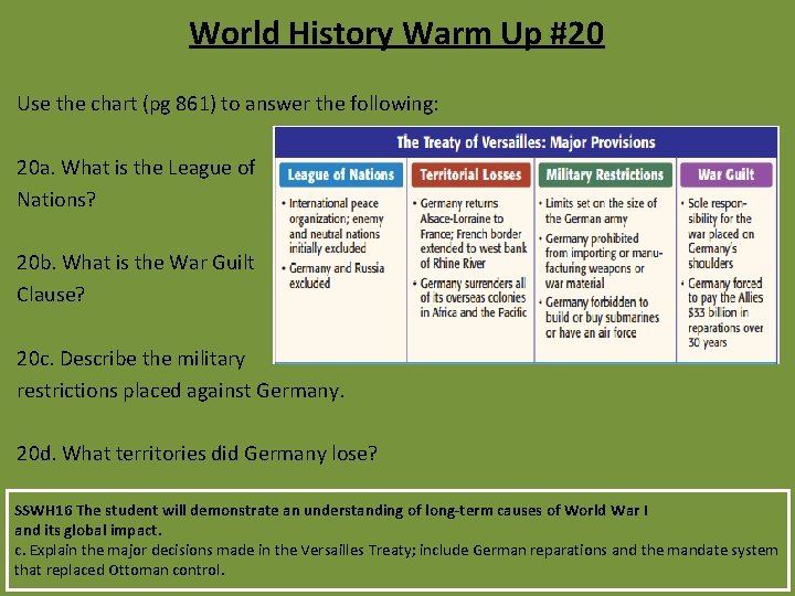 World History Warm Up #20 Use the chart (pg 861) to answer the following: