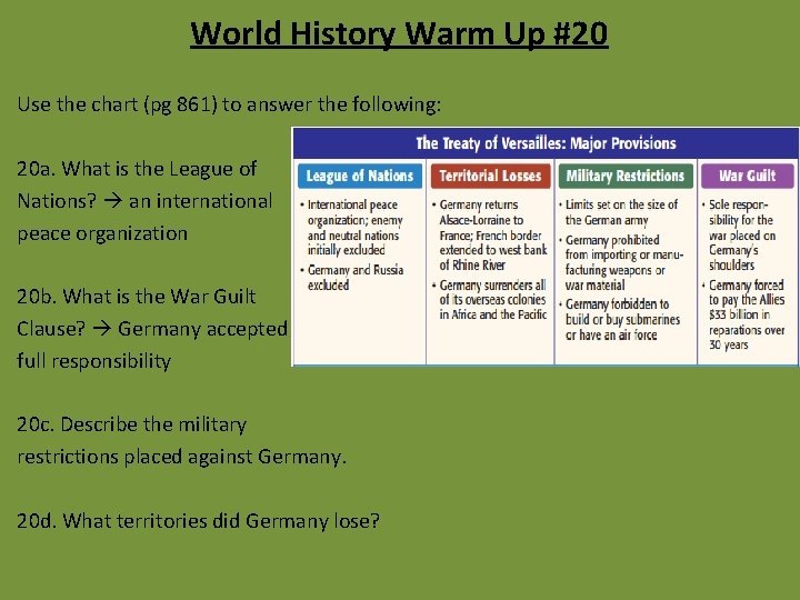 World History Warm Up #20 Use the chart (pg 861) to answer the following: